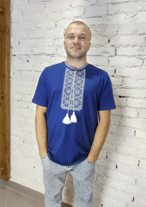 Чоловіча вишиванка в синьому кольорі з білою вишивкою Київ - фото 2