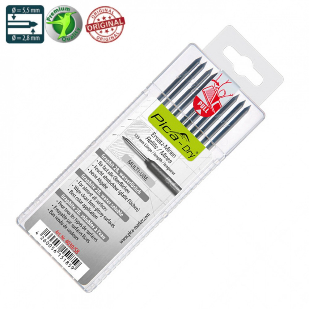 Запасные сменные грифели 4030 для Pica Dry 10шт, твердость 2В, цвет серый (графит) Одесса - изображение 1
