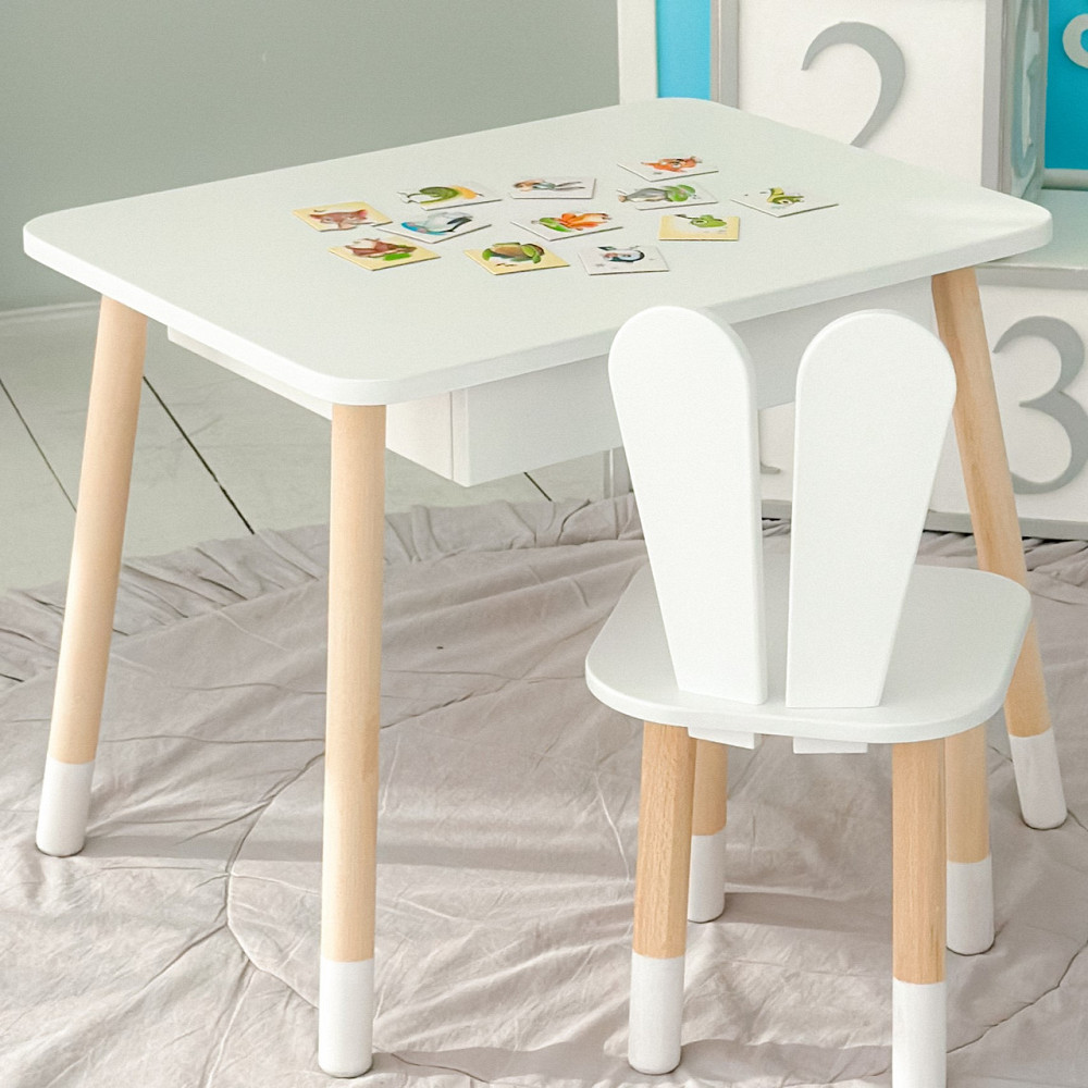 Стіл прямокутний з ящиком 46х60х45 і стілець вушка кролика 26х26х24, столик та стільчик в дитячу, білий Київ - фото 9