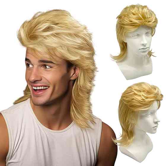 Чоловіча перука ретро mullet світло-руса хвиляста у стилі 80-х, термостійка, для косплею, тематичних Київ