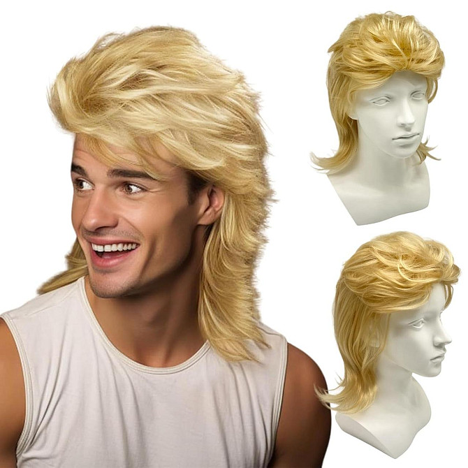 Мужской парик ретро mullet светло-русый волнистый в стиле 80-х, для косплея, тематических вечеринок, Киев - изображение 2
