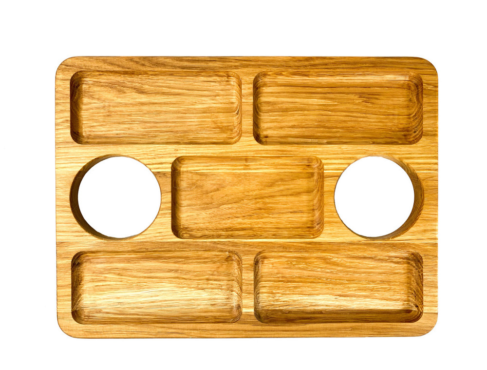 Дерев'яний піднос на ніжках з місцем для келихів та 5 заглибок для закусок, 38*28*14 см, дерево Черешня Кам'янець-Подільський - фото 7