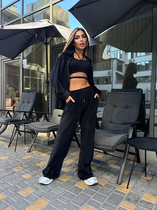 Женский прогулочный костюм двойка: рубашка + штаны палаццо турецкий велюр спорт Черный, 46/48 Одесса - изображение 2