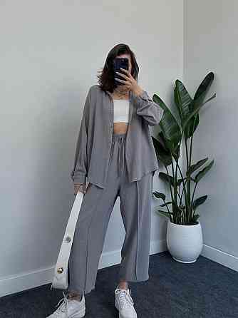 Женский легкий брючный костюм двойка: рубашка и брюки американский креп Серый, 42/44 Одесса