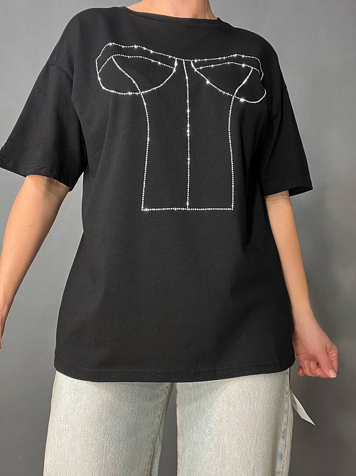 Футболка жіноча A-N 0098 з камінням імітація корсету оверсайз, чорний, one size Київ - фото 7