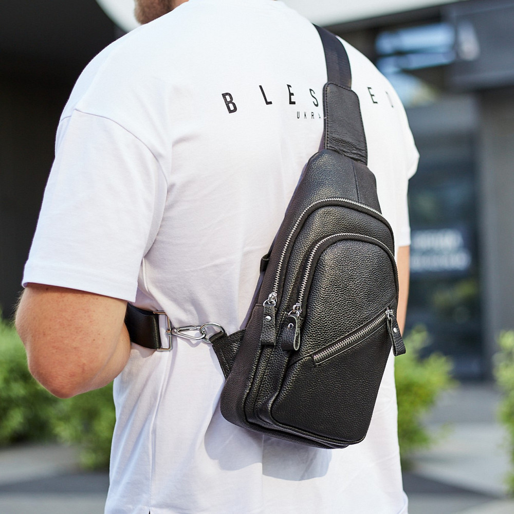 Мужской слинг через плечо 18х32х7, кожаная нагрудная бананка, сумка рюкзак Tiding Bag 33737 черная Каменское - изображение 18