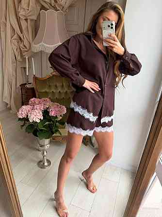 Женский стильный летний льняной костюм с кружевом Шоколад, 42/46 Одесса