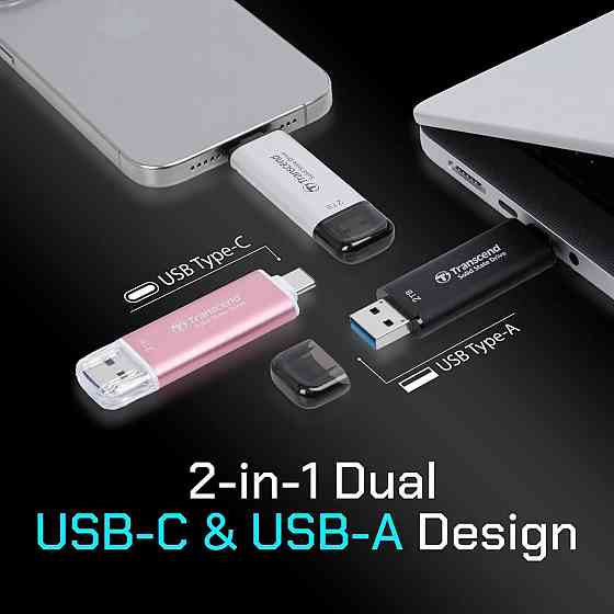 Зовнішній SSD Transcend ESD310 128GB чорний Dual‑port USB‑C/A 10Gbps до 1050 МБ/с сумісний з iPhone 15/16/17 Android кабель Київ