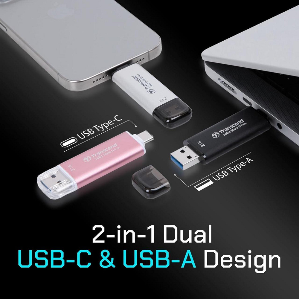 Зовнішній SSD Transcend ESD310 128GB чорний Dual‑port USB‑C/A 10Gbps до 1050 МБ/с сумісний з iPhone 15/16/17 Android кабель Київ - фото 4