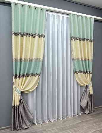 Комплект готових штор VR-Textil Льон № 1022ш Бежевий з бірюзовим 100х270 см 2 шт (31-339) Київ