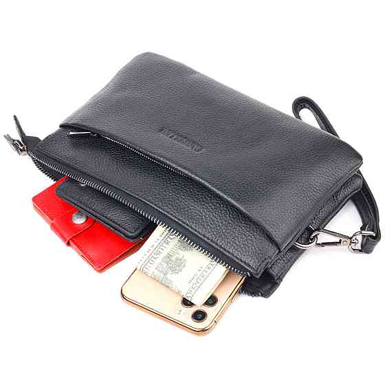 Місткий чоловічий клатч із натуральної зернистої шкіри Чорний (CANPELLINI) Київ