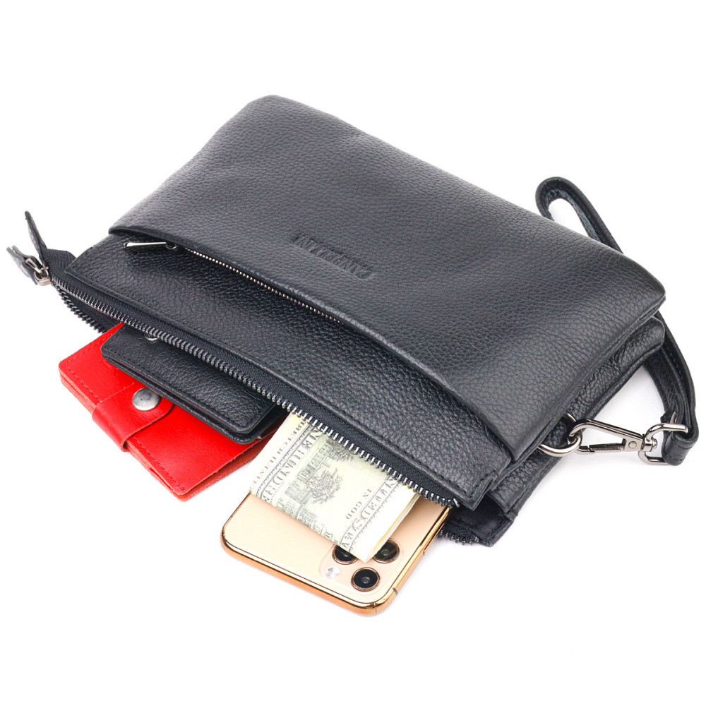 Місткий чоловічий клатч із натуральної зернистої шкіри Чорний (CANPELLINI) Київ - фото 1