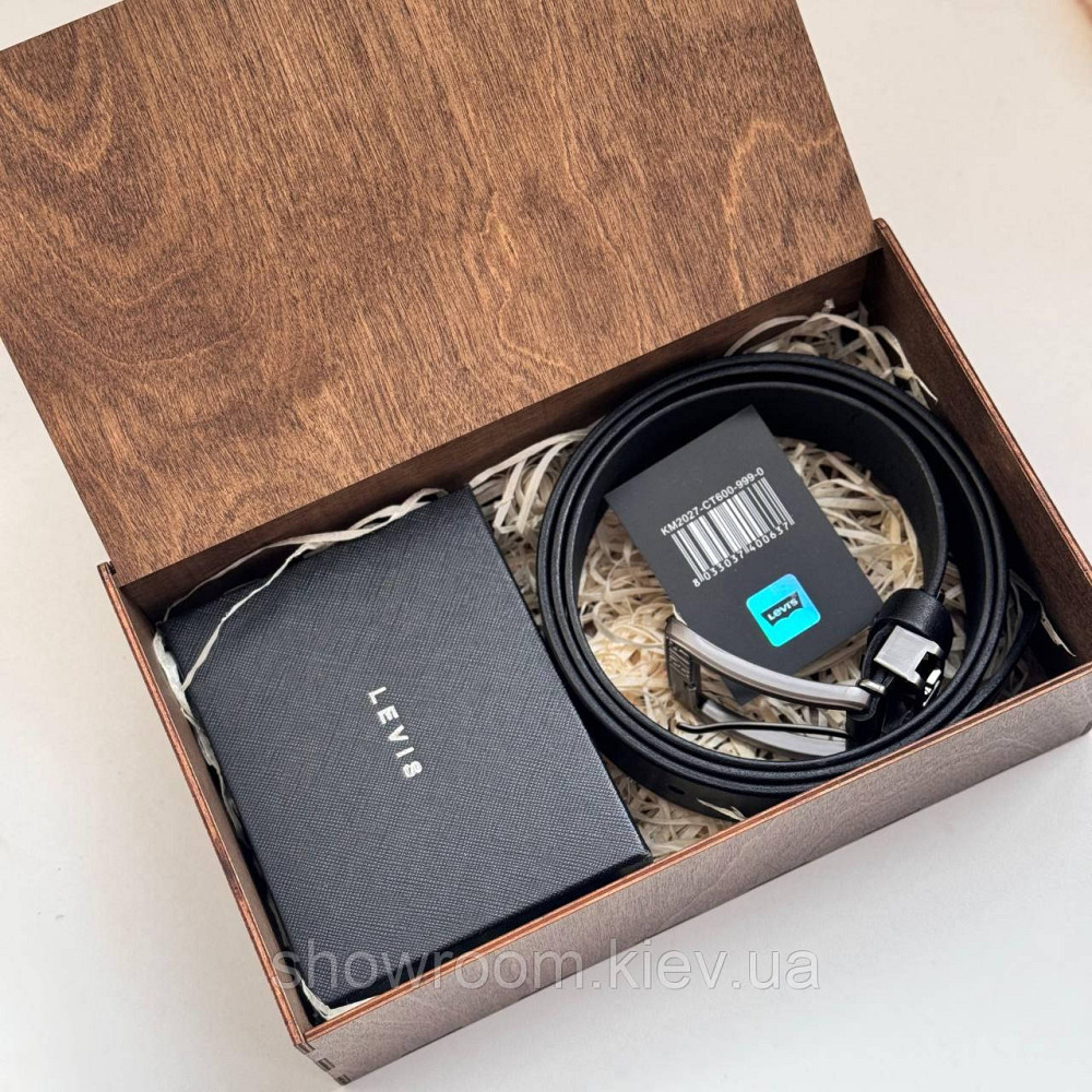 Чоловічий подарунковий набір ремінь і портмоне дерев'яній коробці Levis (518) Київ - фото 10