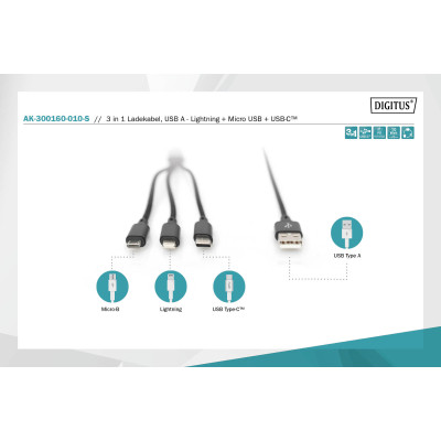 Дата кабель USB 2.0 AM to Lightning + Micro 5P + USB-C 1.0m charge only Digitus (AK-300160-010-S) Вінниця - фото 8