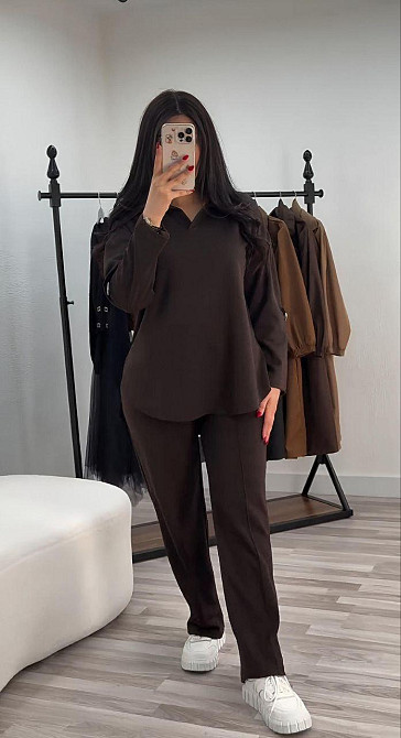 Жіночий стильний повсякденний костюм з V-вирізом двонитка Шоколад, 56/58 Одеса - фото 1