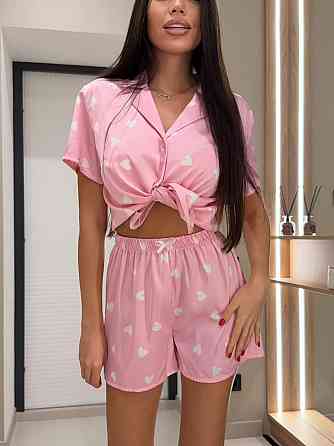 Женская стильная базовая домашняя шелковая пижама рубашка+шорты Розовый, 46/48 Одесса