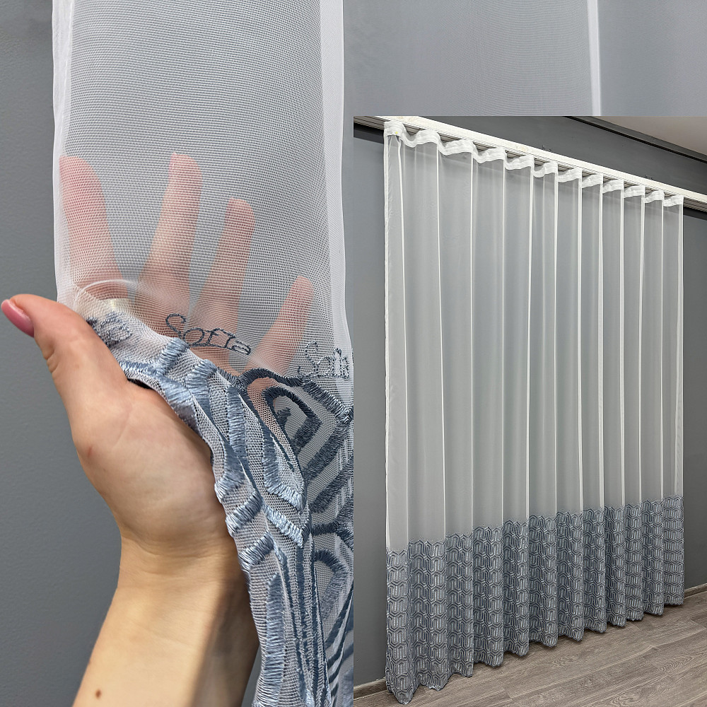 Тюль VR-Textil 1519т Фатин з вишивкою Білий з сіро-блакитним 250х250 см (49-346) Київ - фото 1