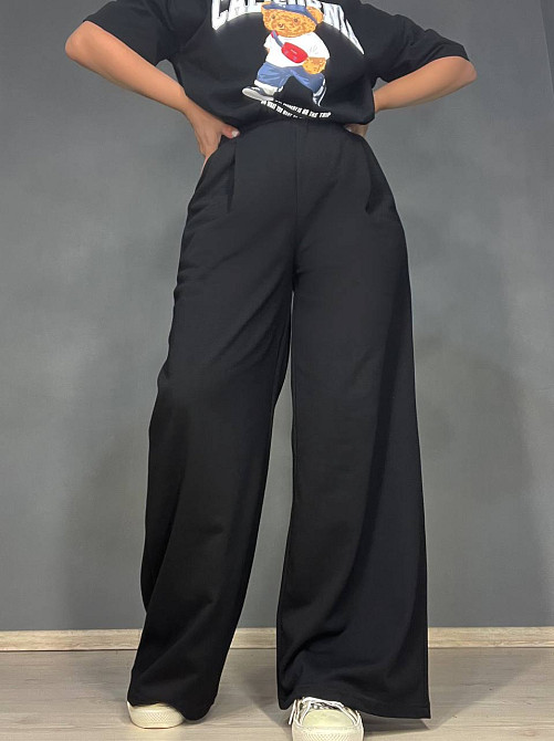 Брюки жіночі A-N 2333 широкі палаццо рівні від стегна талія на резинці щільний трикотаж чорні, чорний, M Київ - фото 20