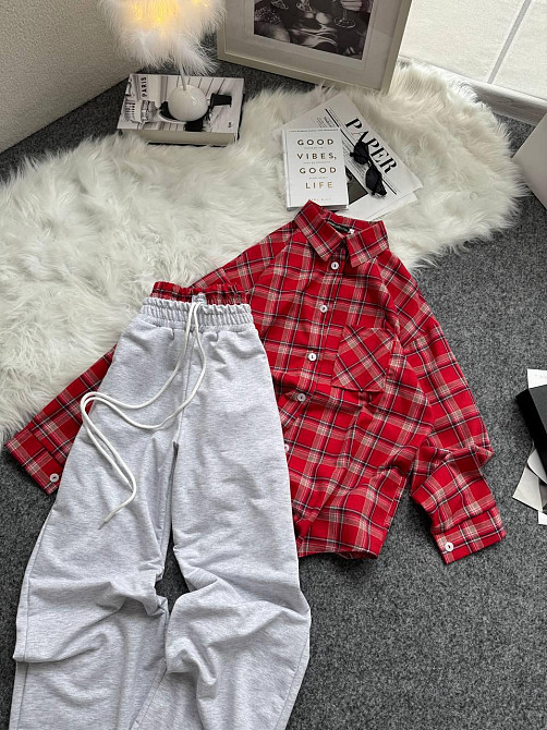 Женский повседневный костюм двойка: рубашка в клетку и штаны фланель + двунитка. Красный, 48/52 Одесса - изображение 4