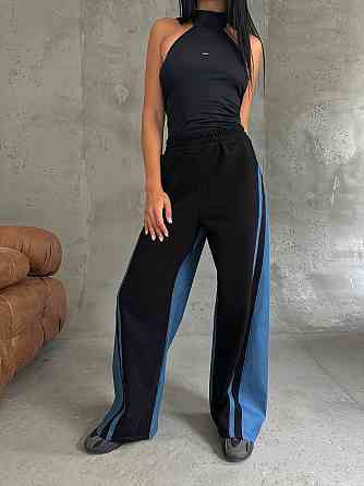 Женские стильные комбинированные брюки палаццо с лампасами плотный джинс + трехнитка петля пенье Одесса