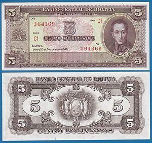 Боливия / Bolivia 5 bolivianos 1945 Pick 138d UNC Полтава - изображение 1