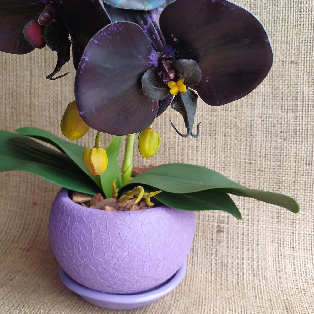 Штучна латексна орхідея VIP в бузуковому керамічному кашпо на одну гілку фіолетова Дніпро - фото 8