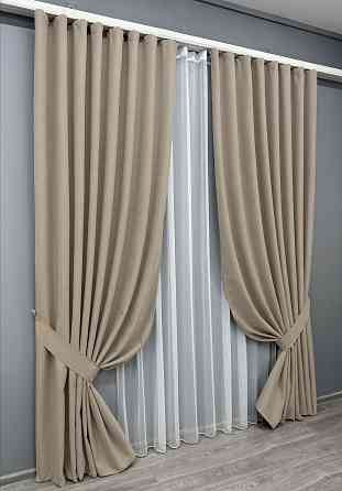 Комплект штор VR-Textil 100% блэкаут ASHEN NIGHT 150х270 2шт и Тюль 400х270 1853ш-1153т бежевый с белым 71-086/3 Киев
