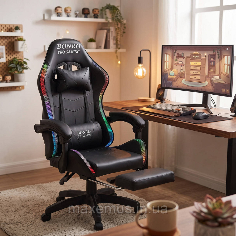 Игровое геймерское кресло Bonro B-144 Черное с RGB-подсветкой, массажем и подножкой для ПК Мостиська - фото 8