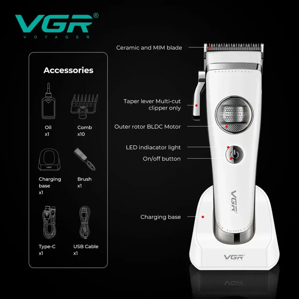 Машинка для стрижки VGR V-880C WHITE акумуляторна 11 насадок LED дисплей док-станція Одеса - фото 1