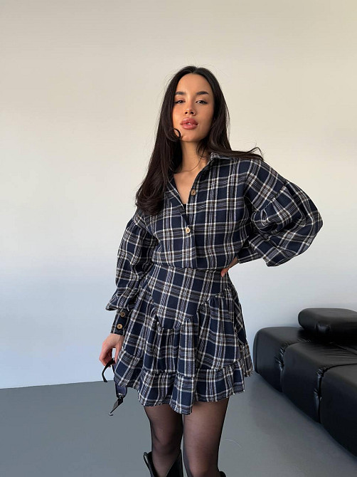 Жіночий стильний костюм-двійка: сорочка та спідниця в карту тіар Темно-синій, 42/44 Одеса - фото 4