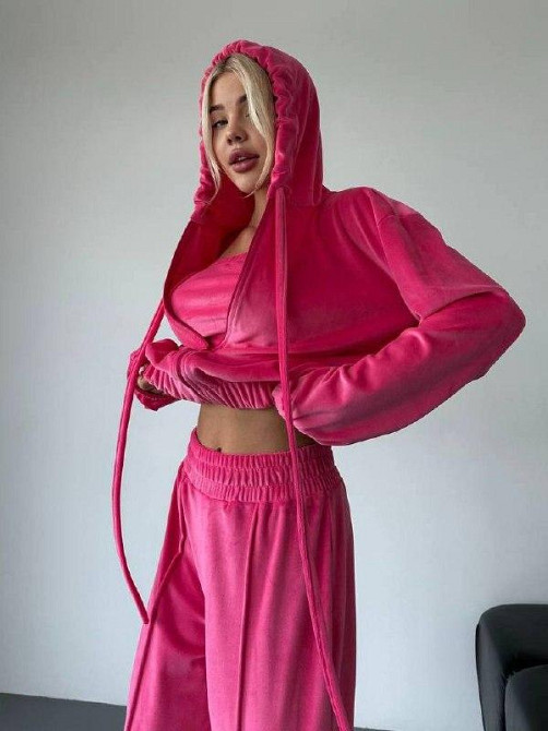 Женский прогулочный плюшевый костюм тройка: кофта топ и штаны велюр-плюш Малина, 46/48 Одесса - изображение 9