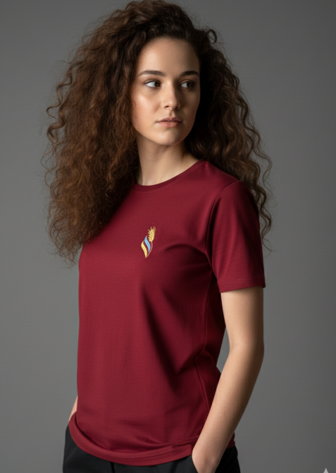 Женская невероятная вышитая футболка вышиванка цвета бордо с голубовато-желтым колосочком Киев - изображение 2