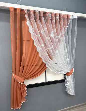 Кухонные шторки VR-Textil № 101к с подвязками коралловый с белым 330х170 см (52-1191) Киев