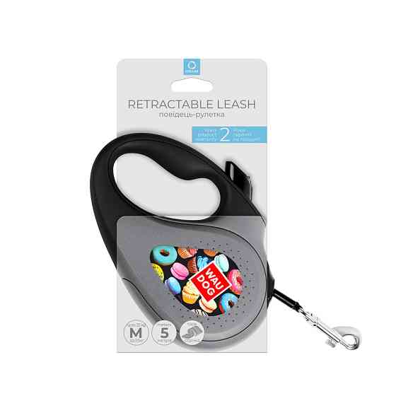 Повідець-рулетка для собак WAUDOG R-leash, малюнок "Пончики", M, до 25 кг, 5 м, світловідбивна стрічка чорний Вінниця