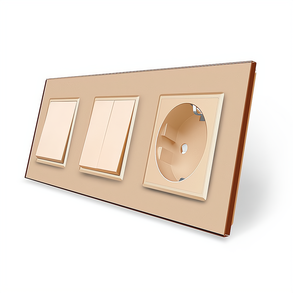 LIVOLO Трьохклавішний вимикач (1-2) з розеткою Livolo золотий скло (VL-C7K1/K2/FCTC16A-6AP) Коломия - фото 2