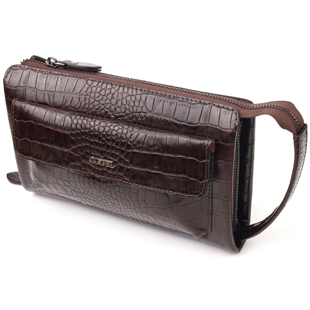 Удобный клатч для мужчин из натуральной фактурной кожи с тиснением под крокодила Коричневый (CANPELLINI) Киев - изображение 5