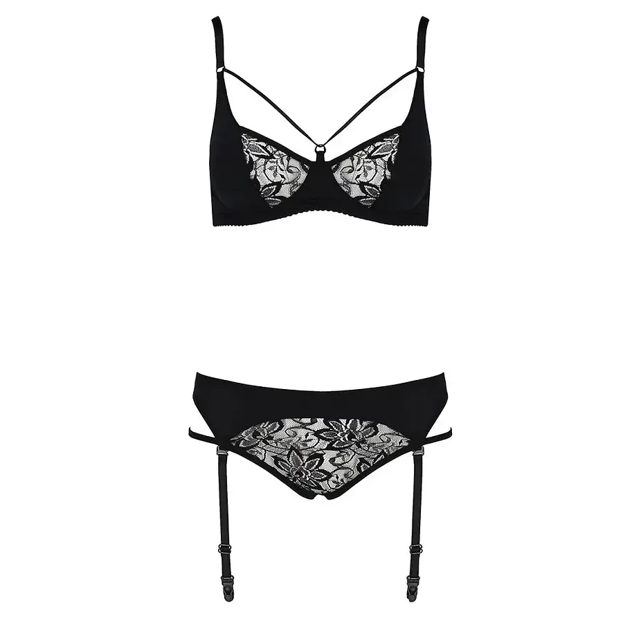 Комплект білизни Passion PAULINE SET S/M, black, стрепи, ліф, стрінги і пояс для панчох Львов - изображение 5
