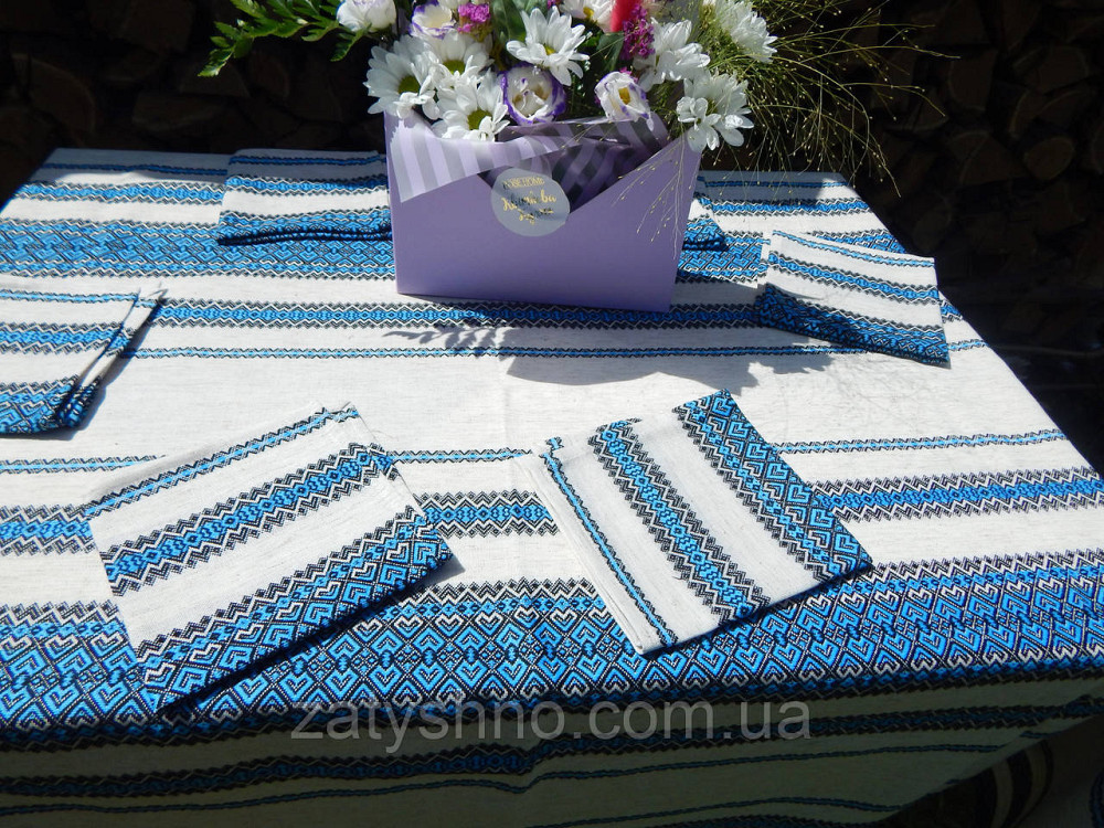 Синяя скатерть и салфетки вышитые Киев - изображение 1