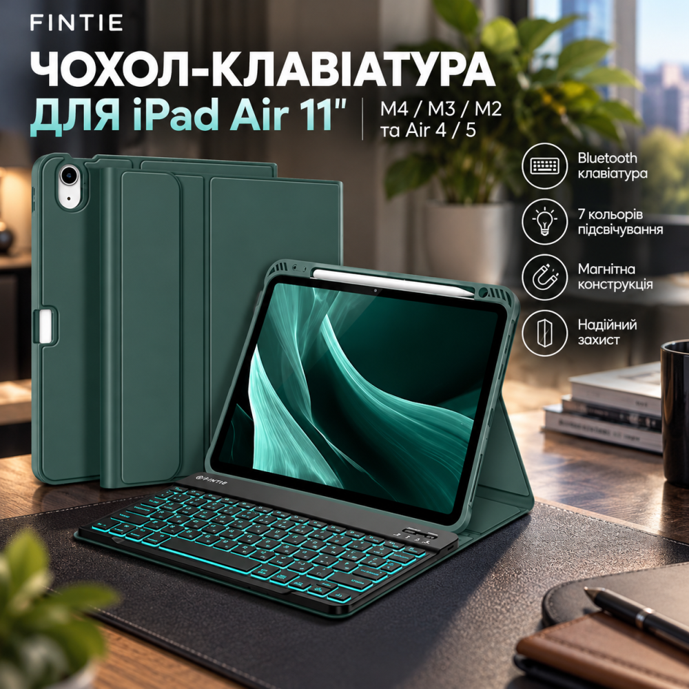 Чохол-клавіатура Fintie для iPad Air 11" M4/M3/M2 та Air 4/5, Bluetooth, 7 кольорів підсвічування, магнітна клавіатура Київ - фото 1