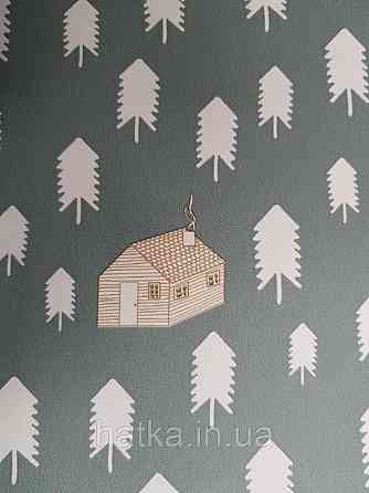 Шпалери флізелінові дитячі Caselio Our Planet дерева ялинки будиночки намети білі машини на сірому Київ