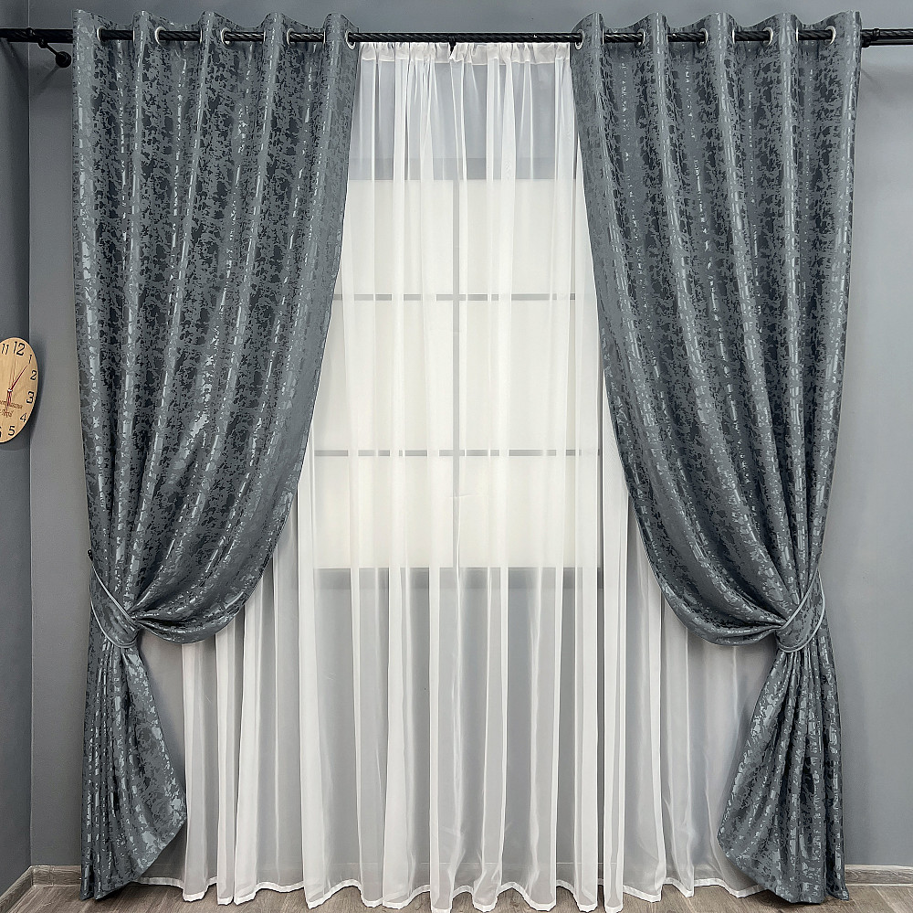 Комплект штор на люверсах VR-Textil Лен мрамор Pavliani ХО № 1262ш Графитовый 150х250 см 2 шт (37-0315) Киев - изображение 2