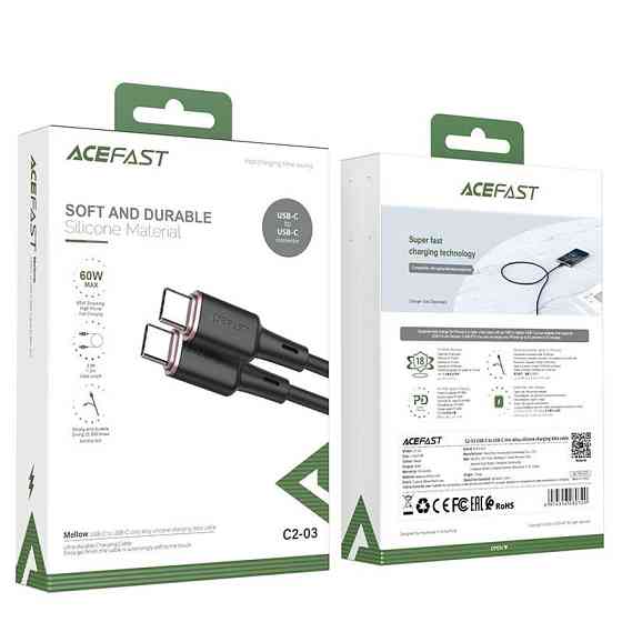 Кабель Type-C ACEFAST C2-03 3A, 60W, 1.2m, силіконовий, zinc конектори, колір чорний AFC2-03B Одеса
