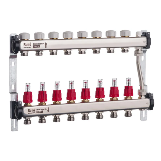 Колектор з витратомірами та термостатичними клапанами з байпасом Roho R814-08 - 1"х 8 вих. (RO0051) Київ