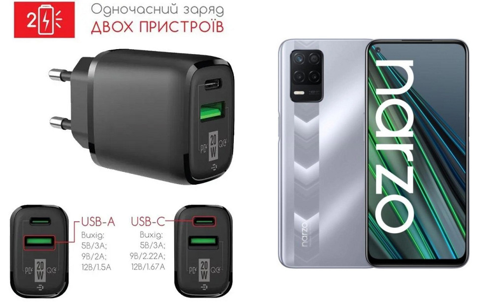 Сетевое зарядное устройство для Realme Narzo 30, 20W 3A, Quick Charge 3.0 Киев - изображение 1