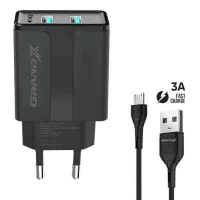 Зарядний пристрій Grand-X CH-15UMB (5V/2,1A + DC cable 2,4А USB -&gt; Micro USB 1m) Black (CH-15UMB) Вінниця