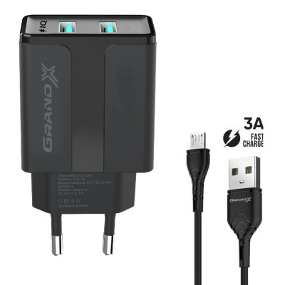 Зарядний пристрій Grand-X CH-15UMB (5V/2,1A + DC cable 2,4А USB -&gt; Micro USB 1m) Black (CH-15UMB) Вінниця - фото 1