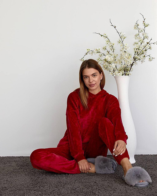 Женский велюровий костюм с капюшоном Вишневый S Харьков - изображение 8