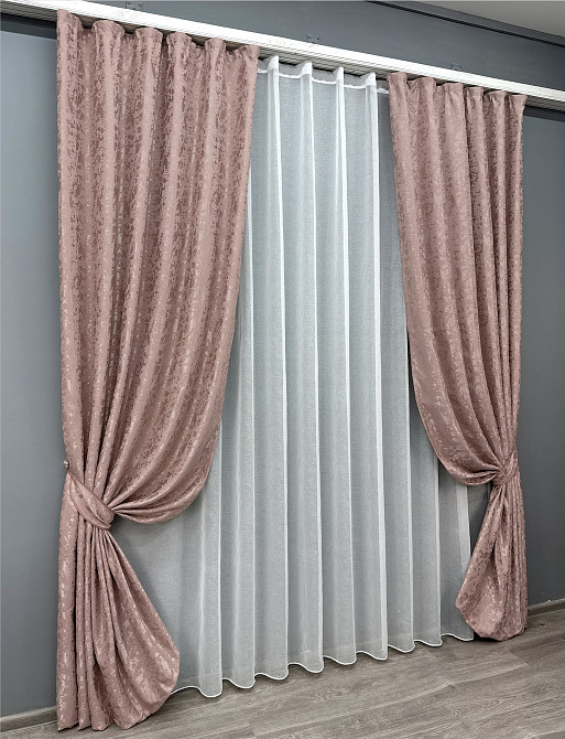 Комплект штор VR-Textil Лен Мрамор 200х270 2шт и Тюль 600х270 1716ш-1276т Пудровый с белым 71-012/7 Киев - изображение 2