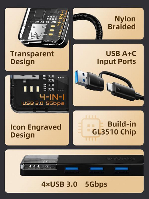 Концентратор Cabletime USB C/A - 4 Port USB 3.0, 5Gbps, 0.15 м (CB05B) Чорний Харків - фото 3