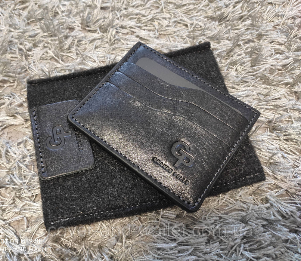 Чорний шкіряний картхолдер із відділенням для купюр Grande Pelle Київ - фото 6